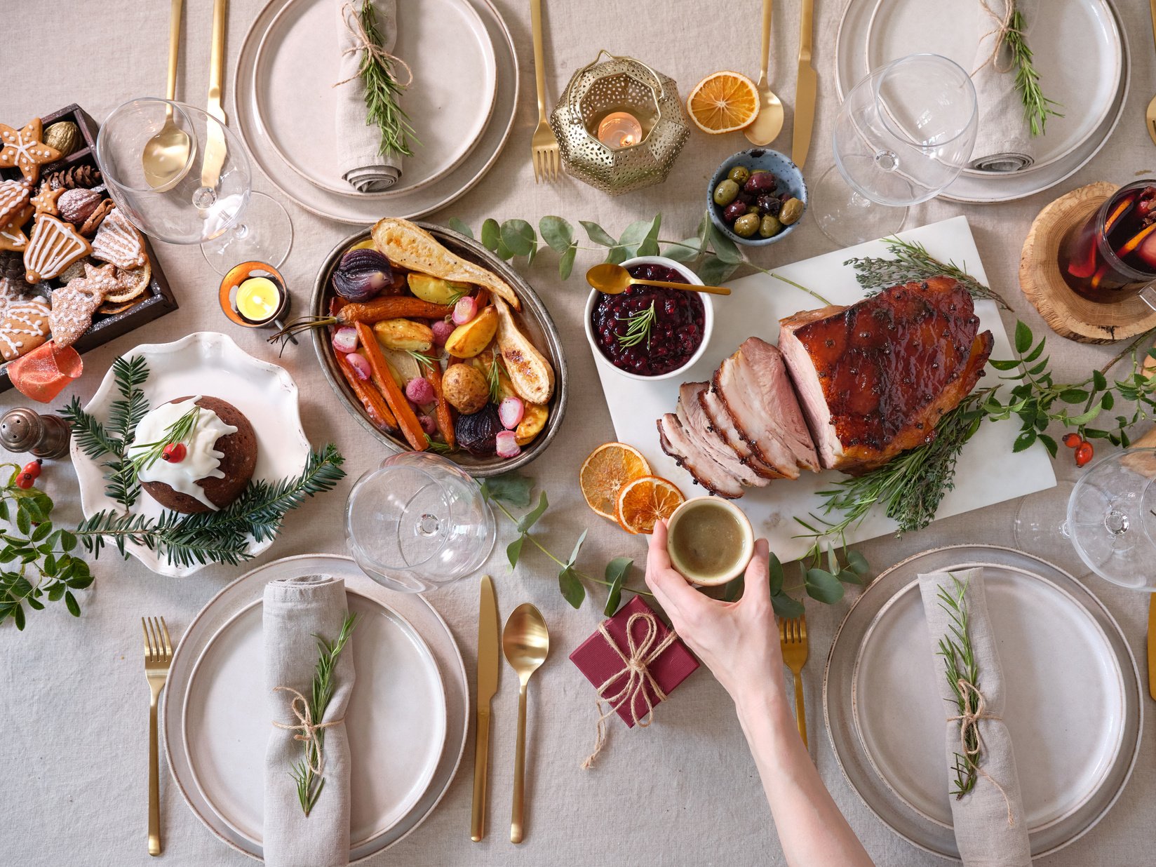 Festive Table Setting with Christmas Feast